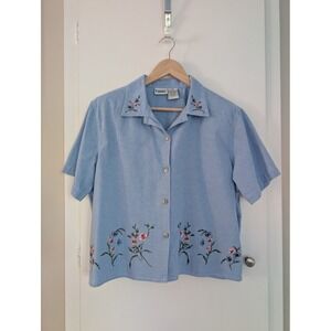 Embroidered Floral Chambray Top Western Coastal Cowgirl Cottage Bow Indie Sz L